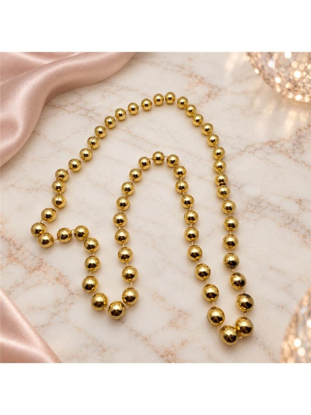 Long Gold Metallic Bead Necklace 46" Chunky Acrylic Endless Strand Vintage